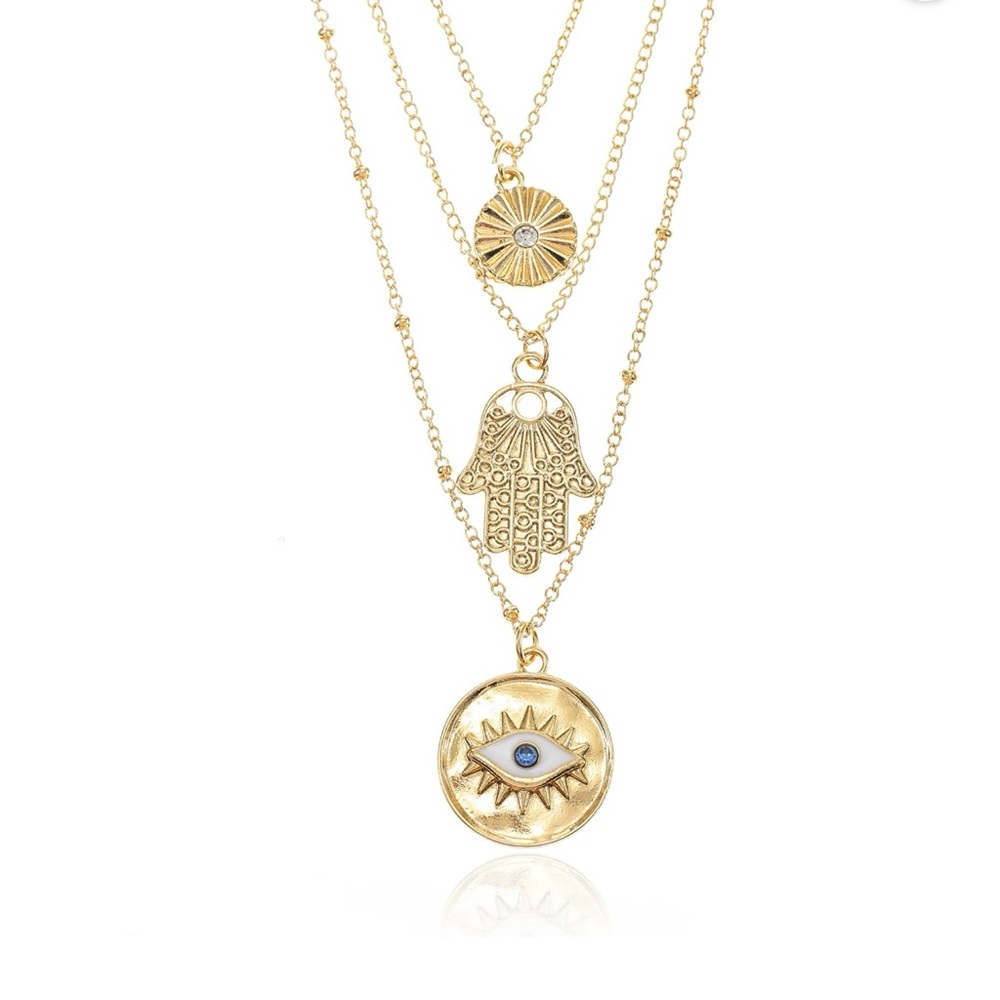 NWT. No Boundaries Women’s Gold-Tone Evil Eye Layered Pendant Necklace Set